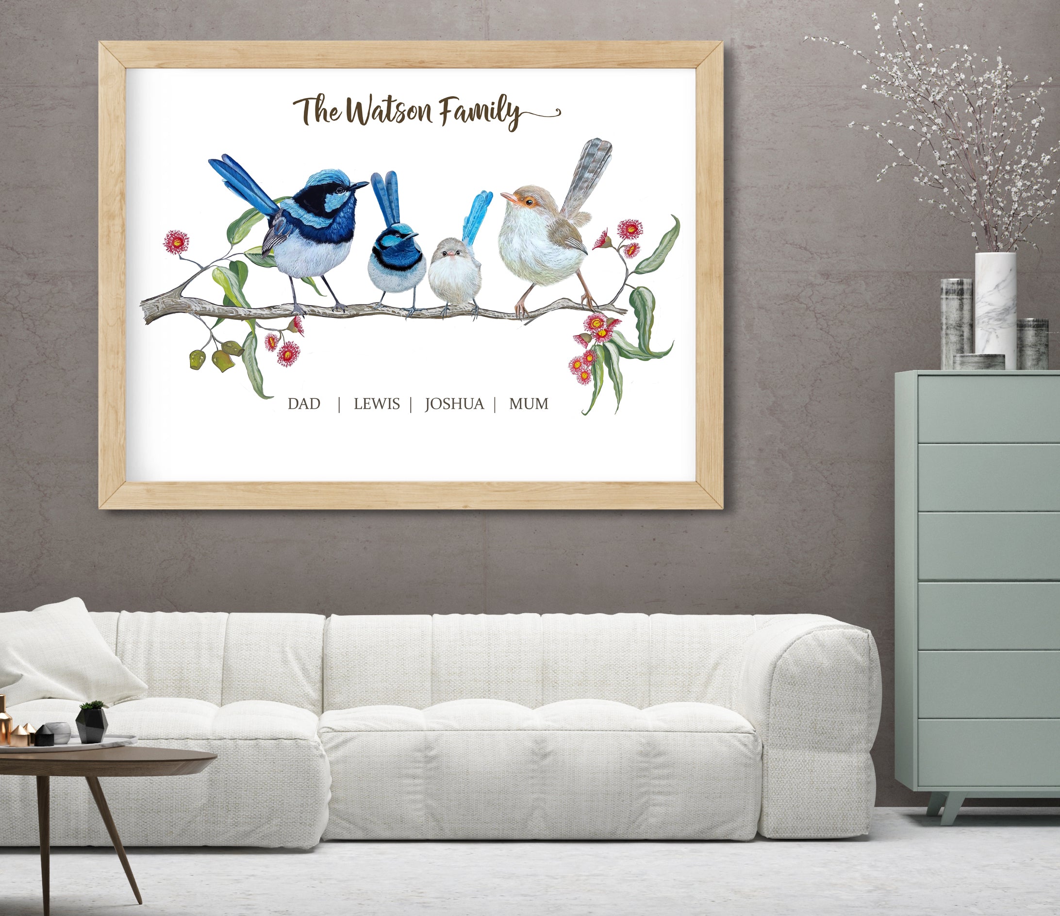 Personalised Blue Fairy Wren Family Print