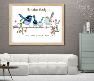 Personalised Blue Fairy Wren Family Print