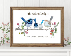 Personalised Blue Fairy Wren Family Print