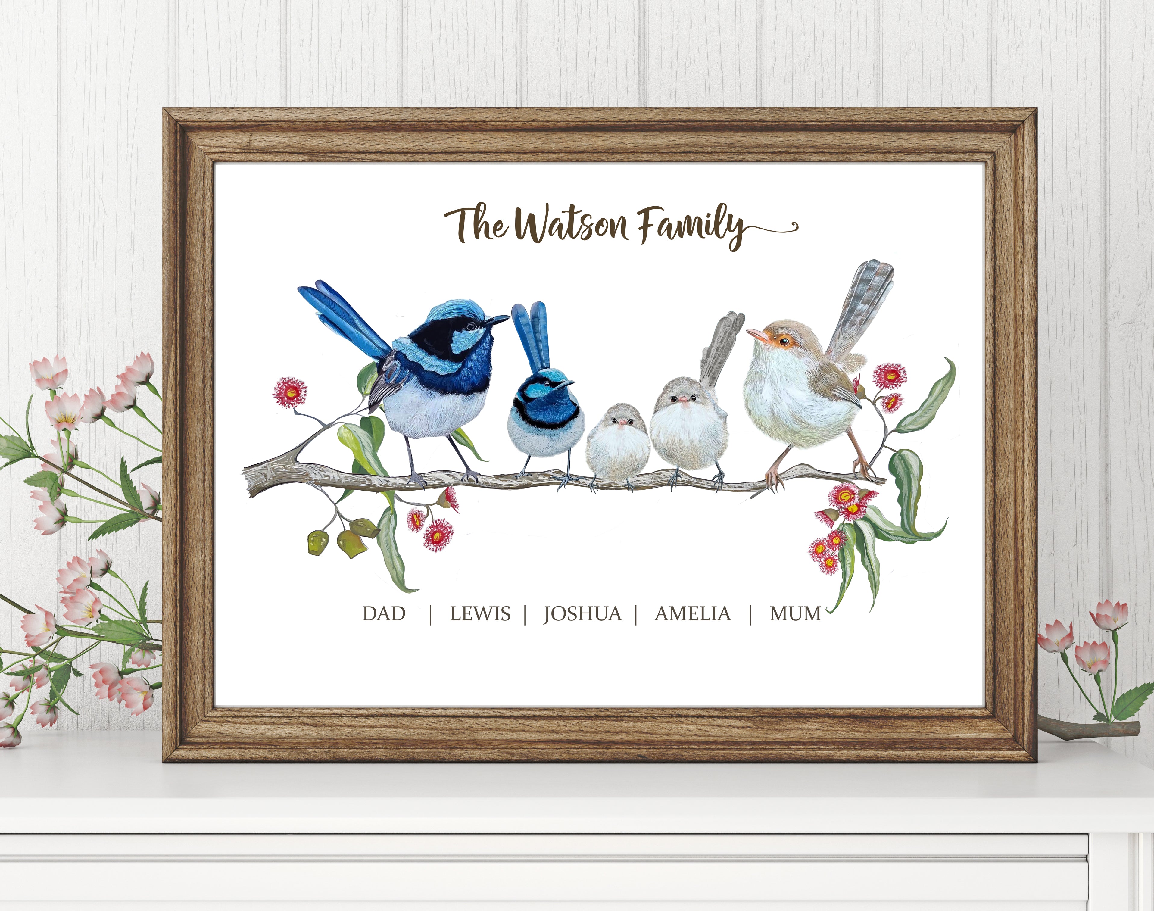 Personalised Blue Fairy Wren Family Print