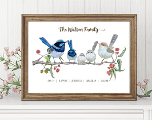 Personalised Blue Fairy Wren Family Print