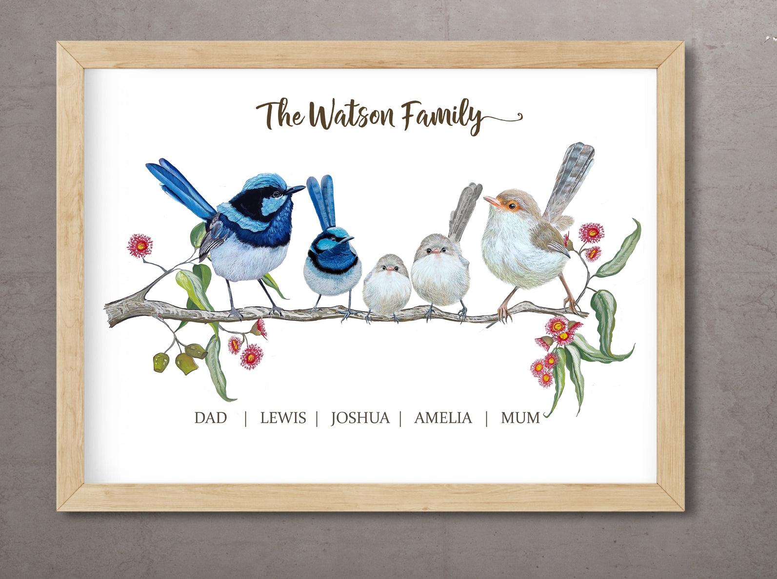 Personalised Blue Fairy Wren Family Print