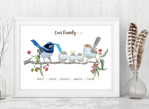 Personalised Blue Fairy Wren Family Print