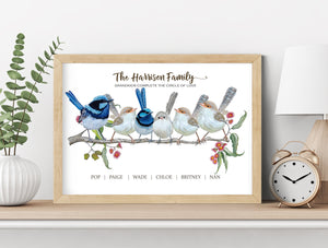 Personalised Blue Fairy Wren Family Print