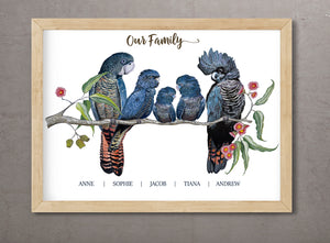 Personalised Red Tailed Black COCKATOO FAMILY Prints