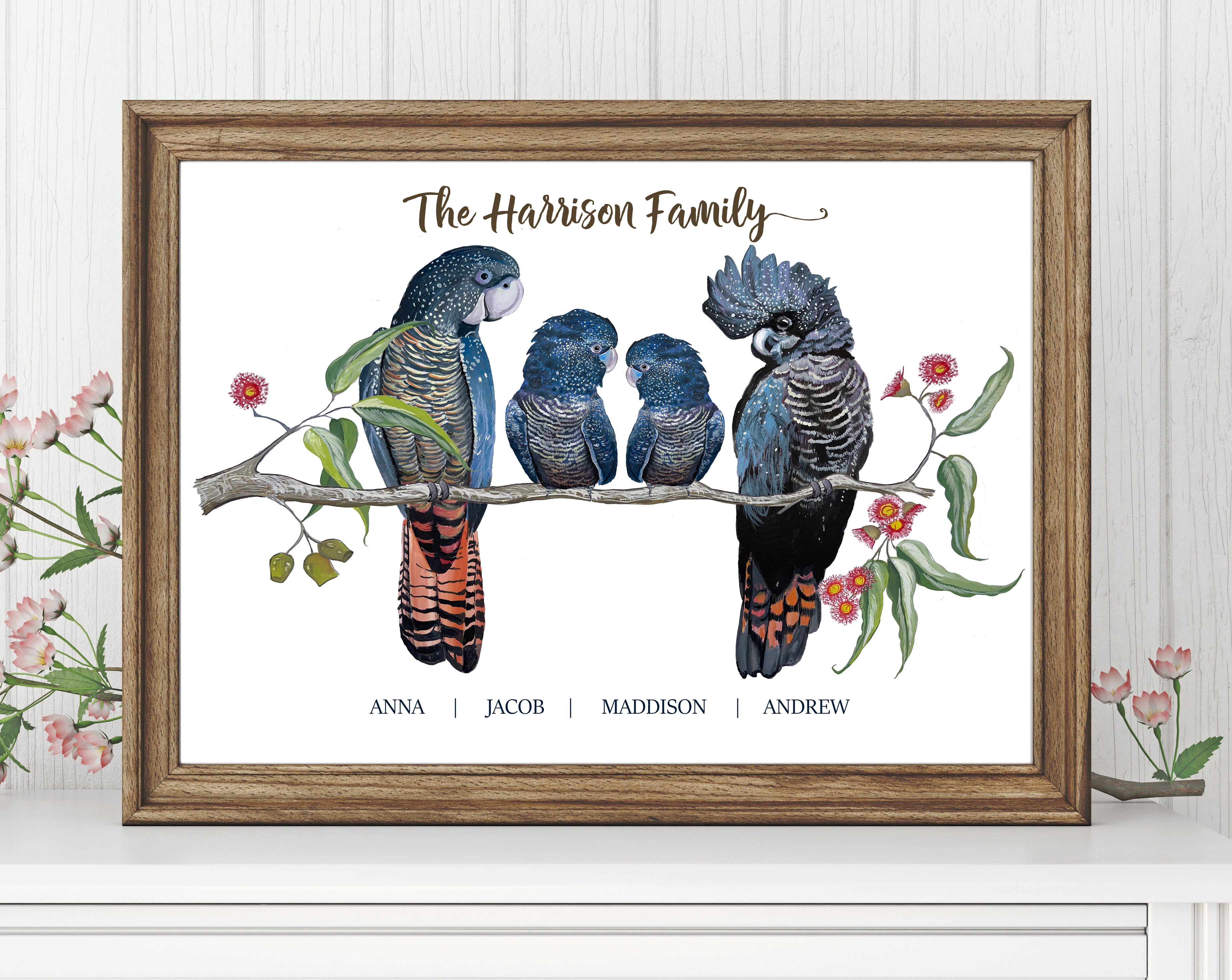 Personalised Red Tailed Black COCKATOO FAMILY Prints