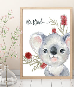 Nursery Print. (Australian Animals and Native Floral) Koala, Kangaroo, Wombat and Platypus  (Set of 4)