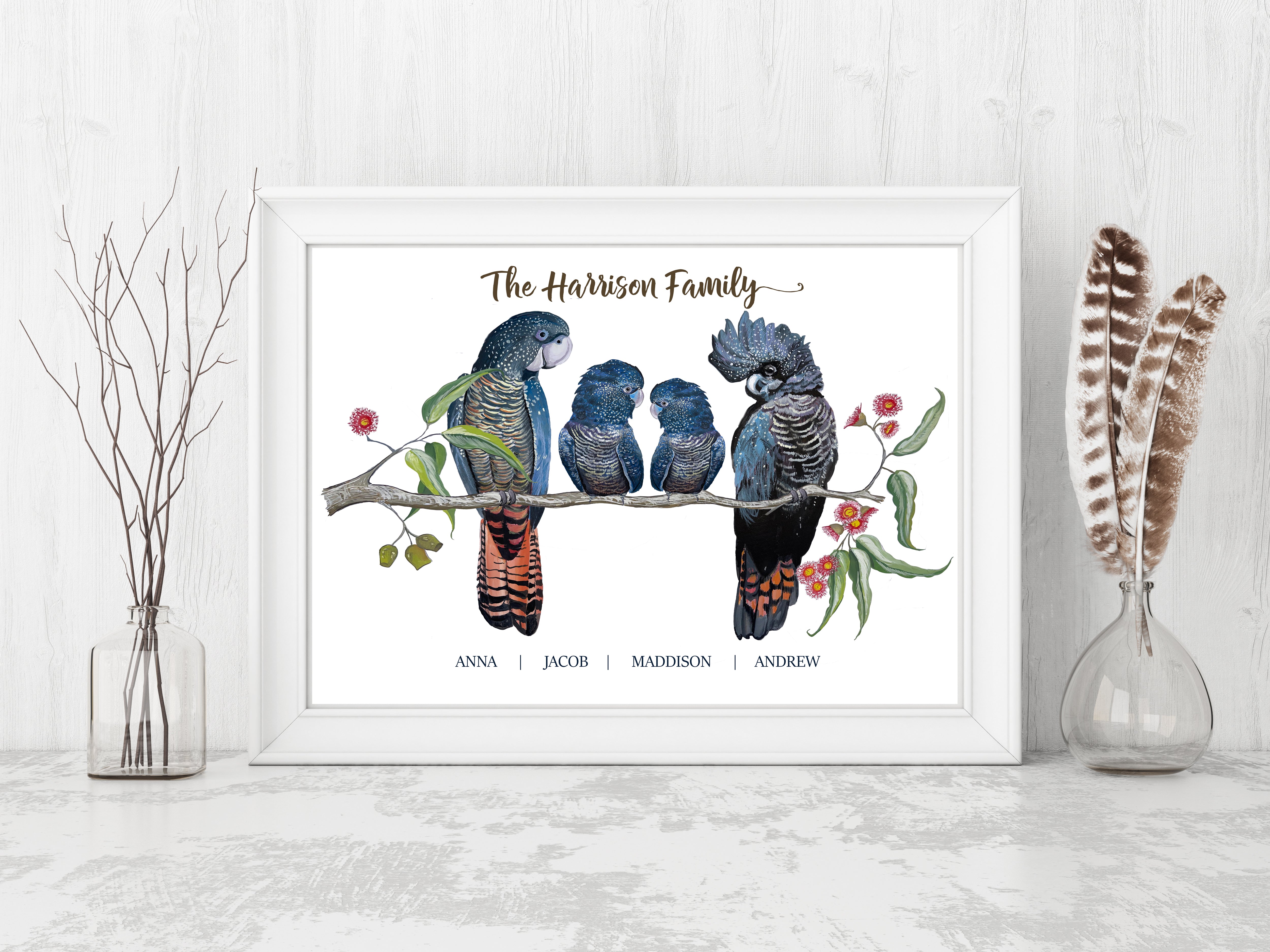 Personalised Red Tailed Black COCKATOO FAMILY Prints