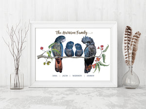 Personalised Red Tailed Black COCKATOO FAMILY Prints