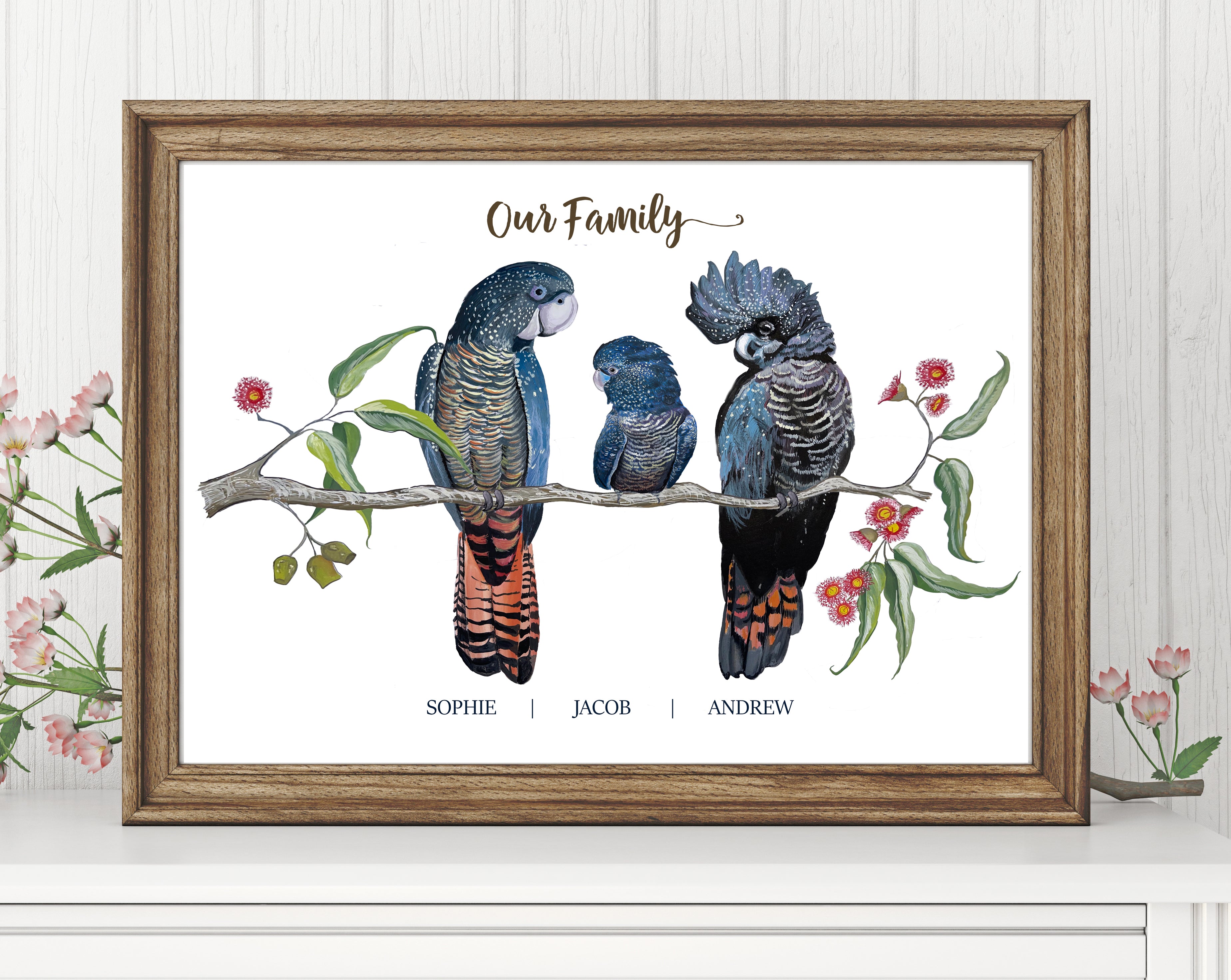 Personalised Red Tailed Black COCKATOO FAMILY Prints