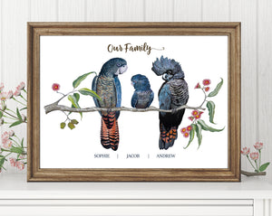 Personalised Red Tailed Black COCKATOO FAMILY Prints
