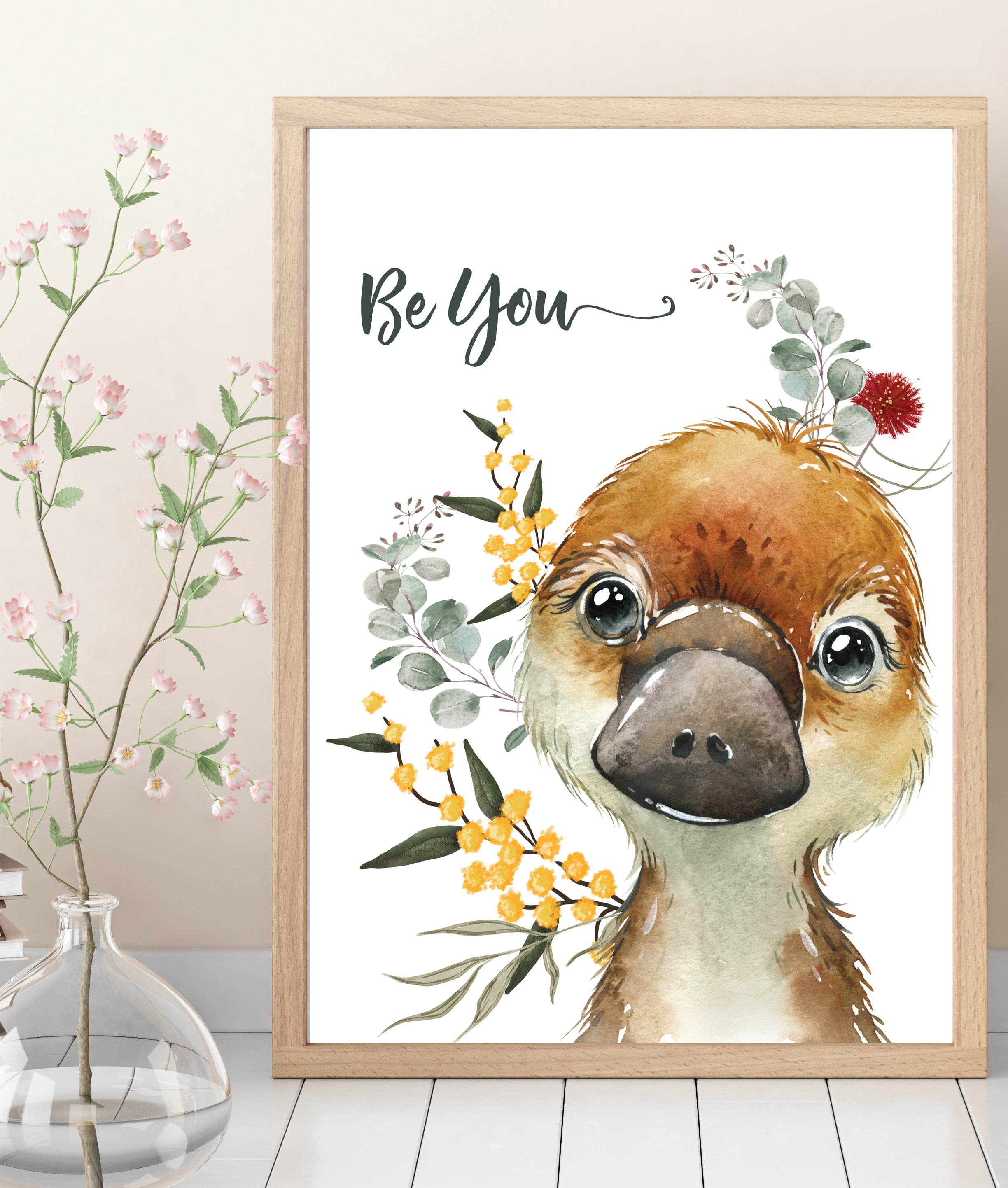 Nursery Print. (Australian Animals and Native Floral) Koala, Kangaroo, Wombat and Platypus  (Set of 4)