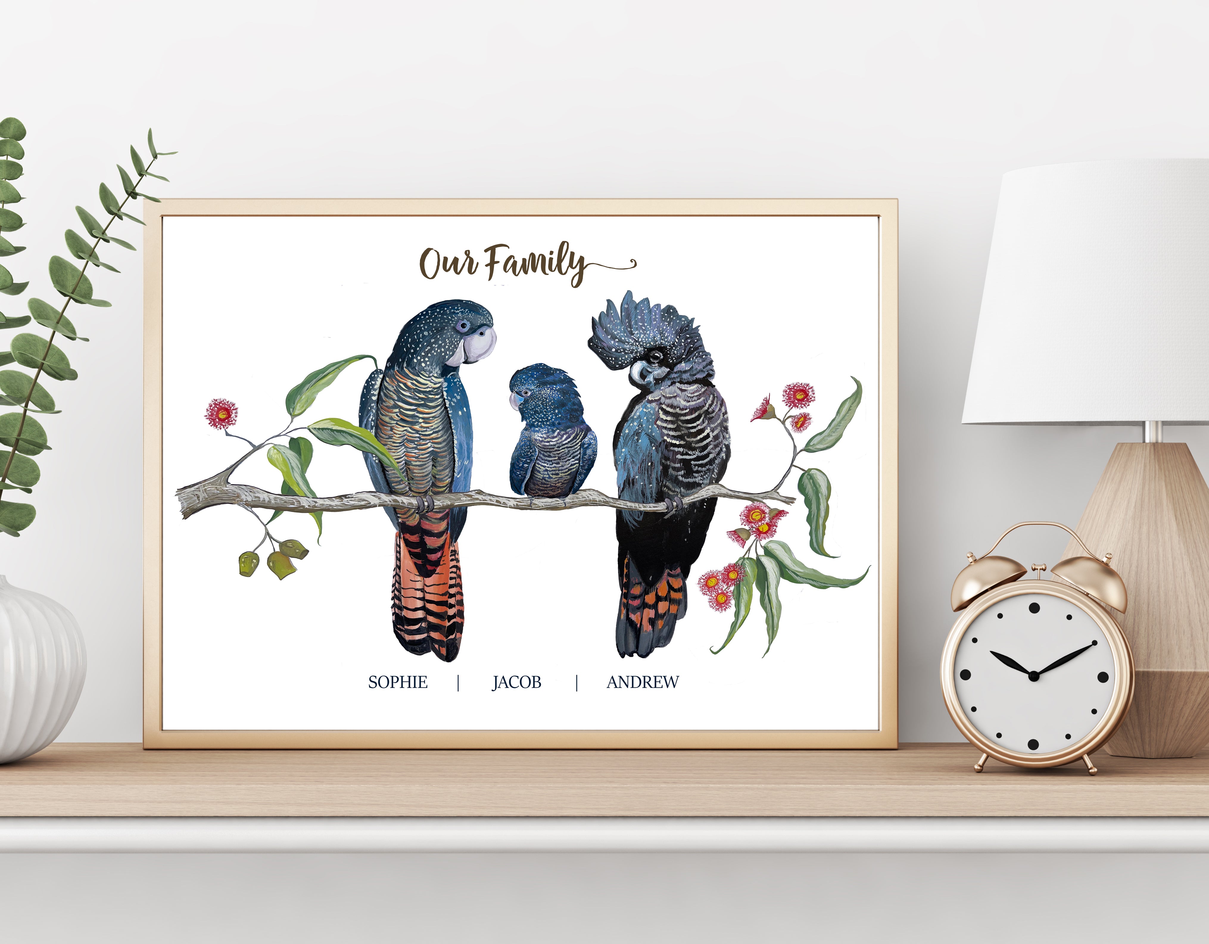 Personalised Red Tailed Black COCKATOO FAMILY Prints