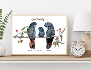 Personalised Red Tailed Black COCKATOO FAMILY Prints