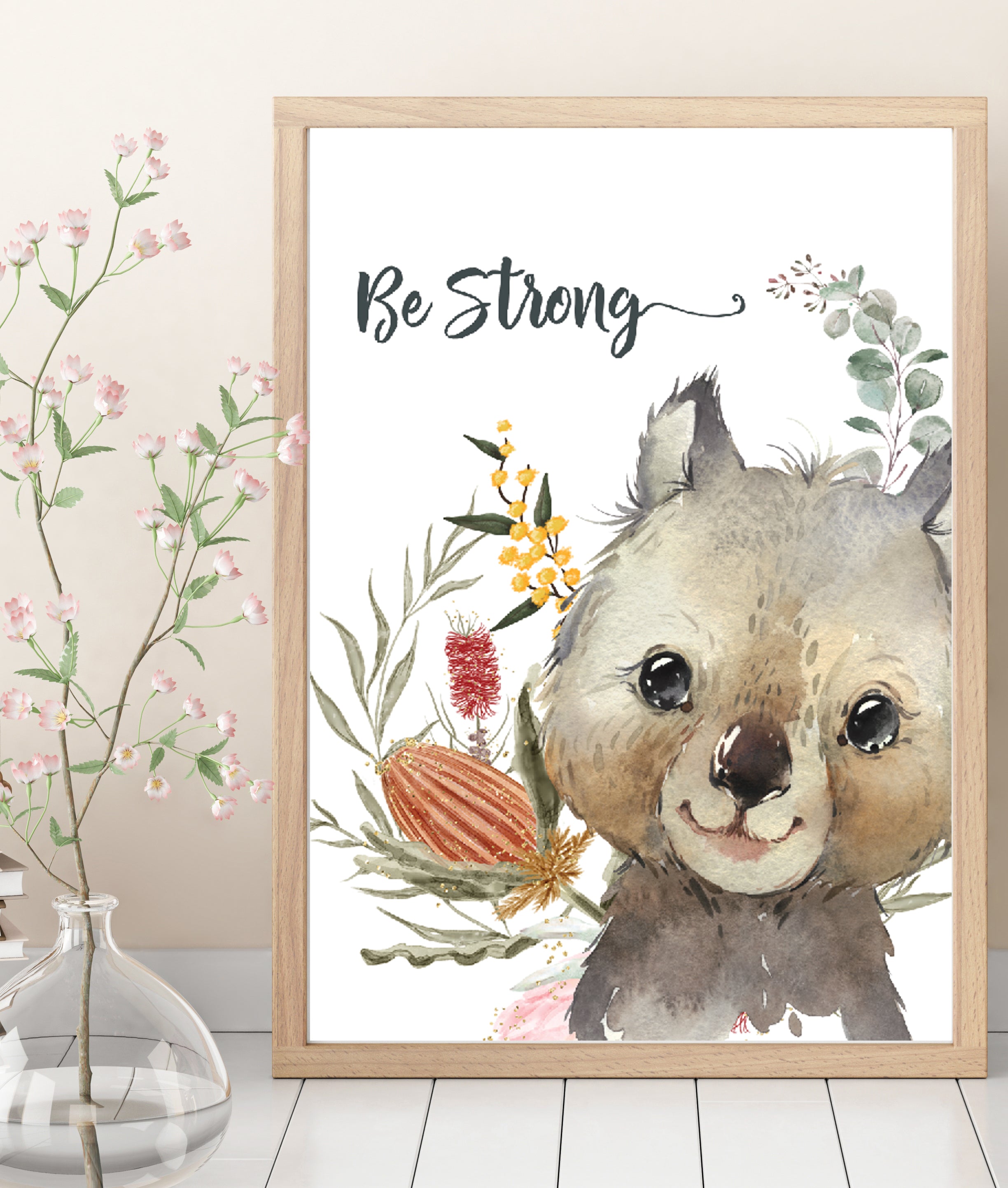 Nursery Print. (Australian Animals and Native Floral) Koala, Kangaroo, Wombat and Platypus  (Set of 4)