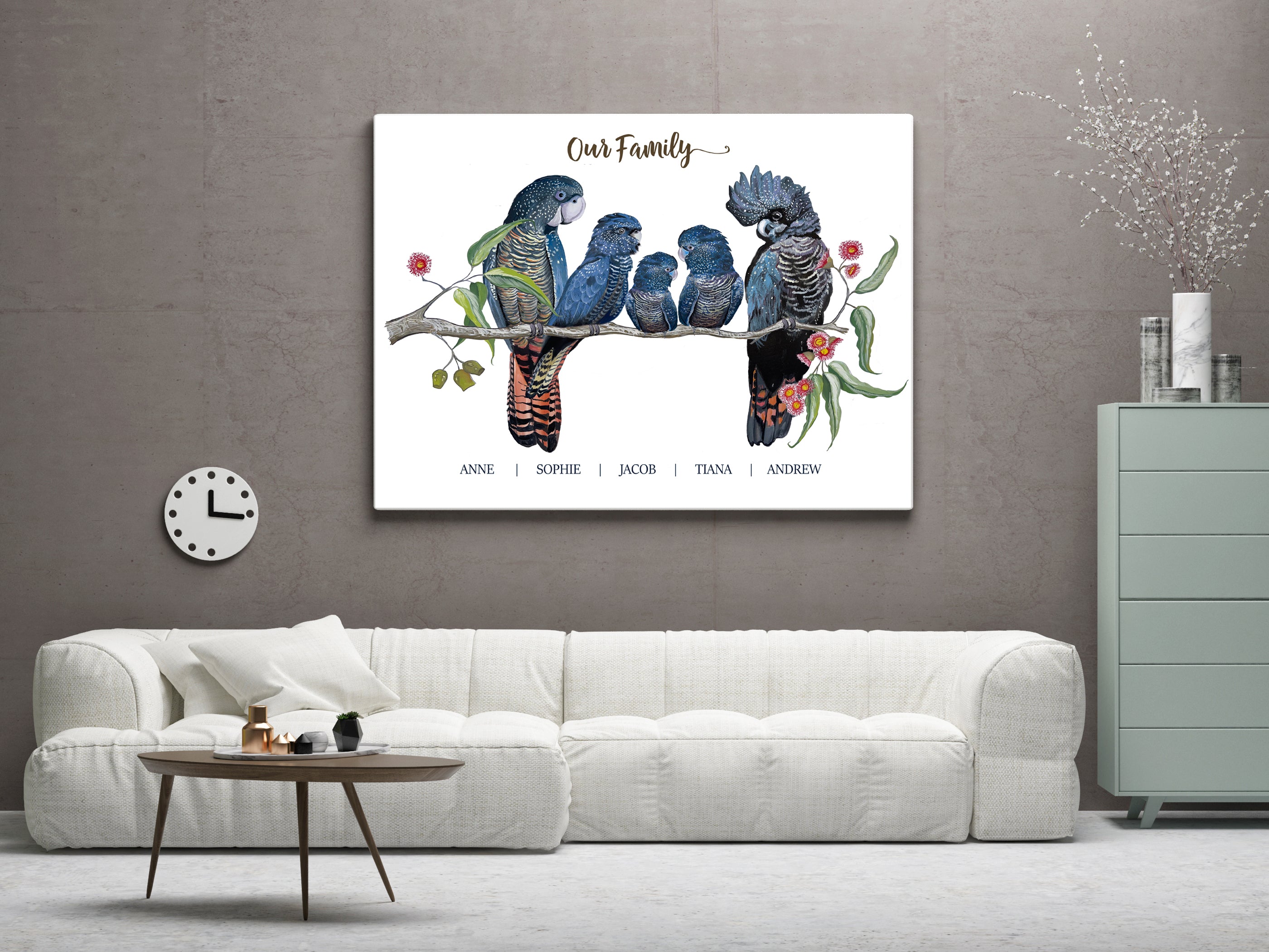 Personalised Red Tailed Black COCKATOO FAMILY Prints