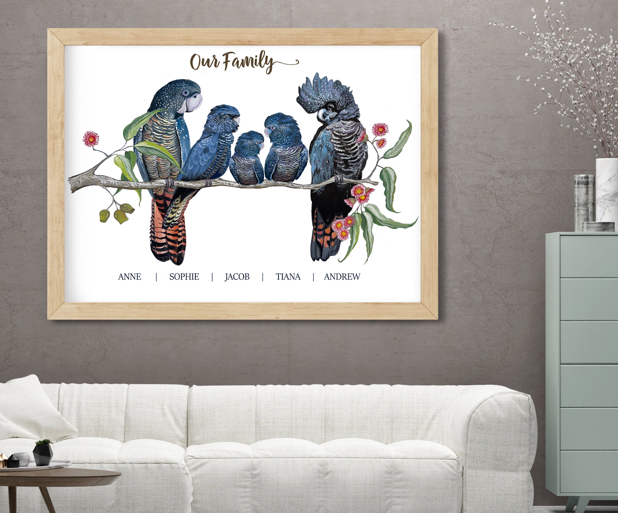 Personalised Red Tailed Black COCKATOO FAMILY Prints