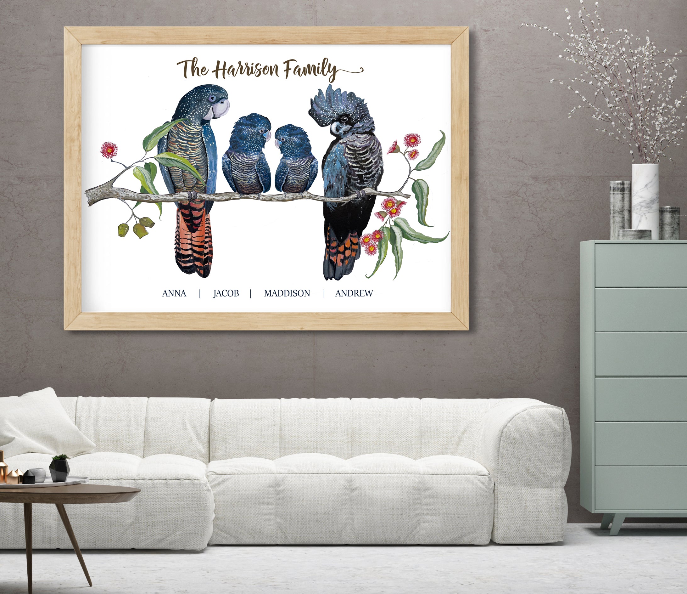 Personalised Red Tailed Black COCKATOO FAMILY Prints