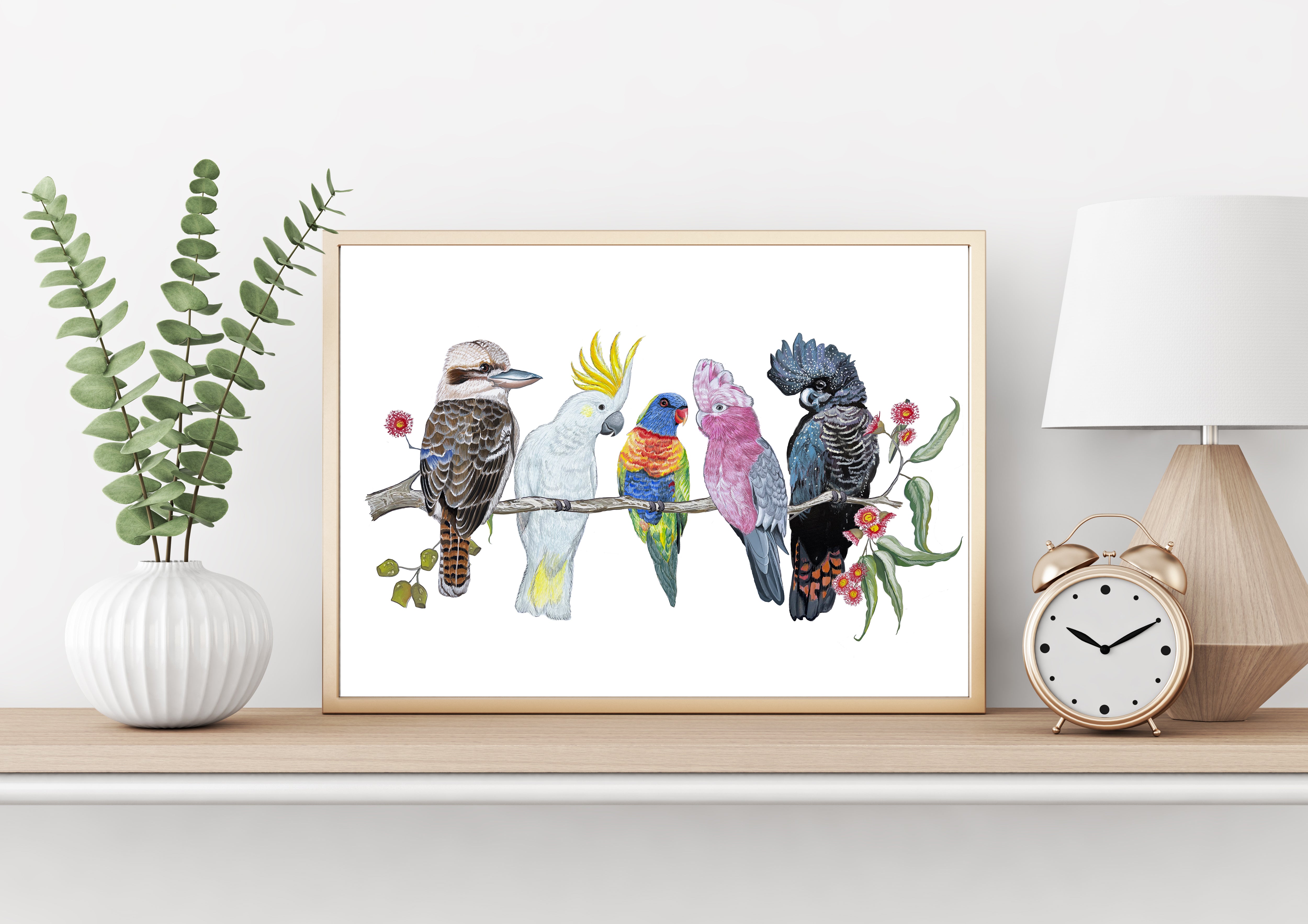 Australian Native Bird Print: Kookaburra, Black Cockatoo, Rainbow Lorikeet, Galah