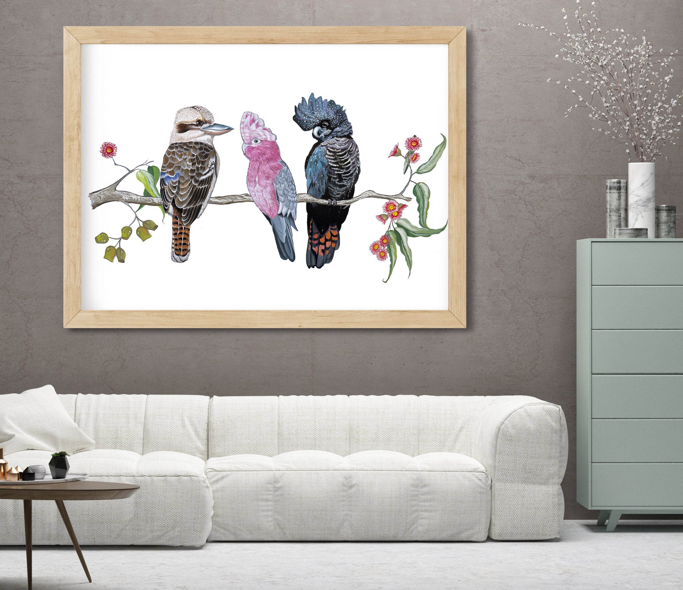 Australian Native Bird Print: Kookaburra, Black Cockatoo, Rainbow Lorikeet, Galah