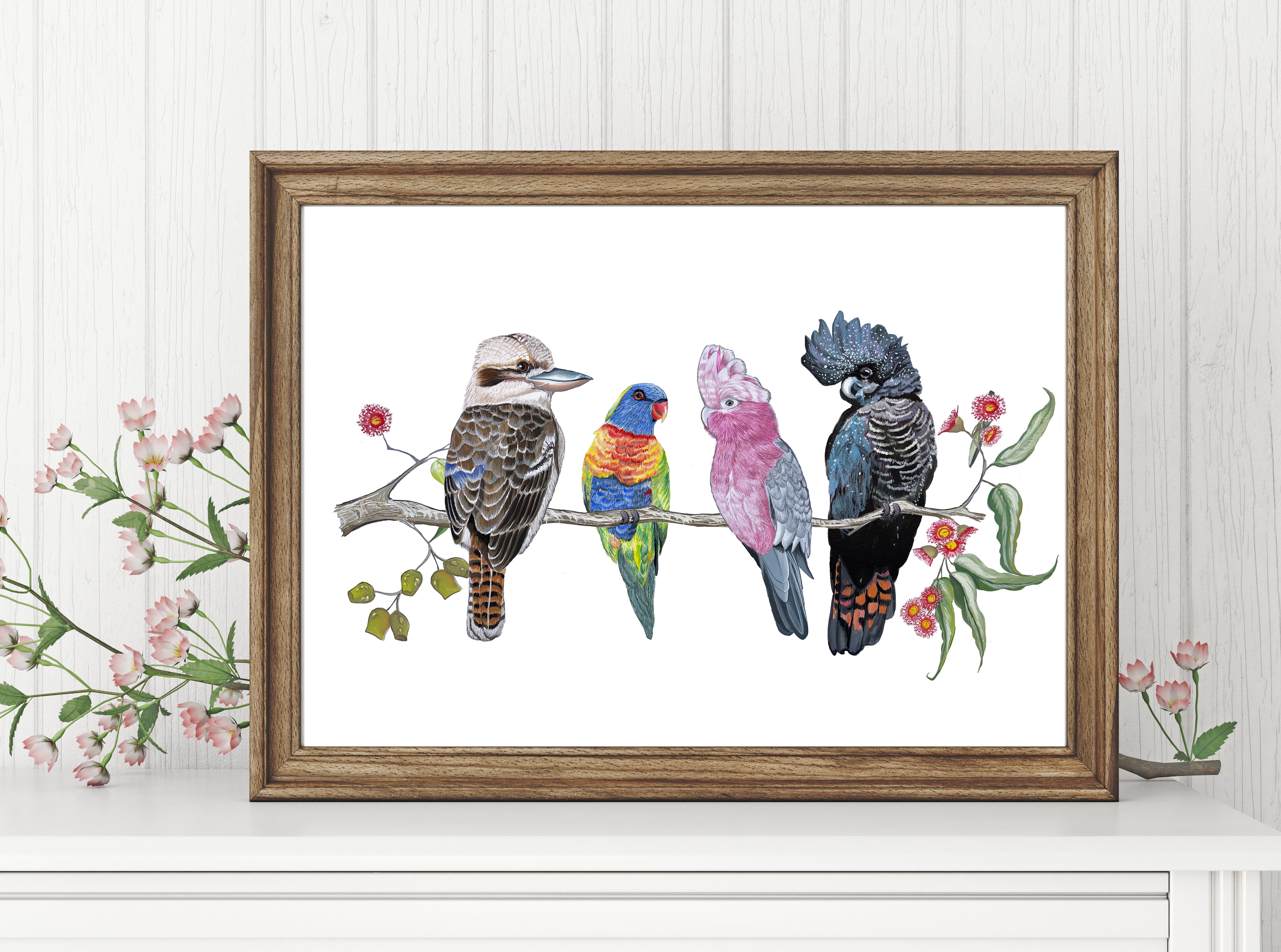 Australian Native Bird Print: Kookaburra, Black Cockatoo, Rainbow Lorikeet, Galah