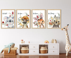 Nursery Print. (Australian Animals and Native Floral) Koala, Kangaroo, Wombat and Platypus  (Set of 4)