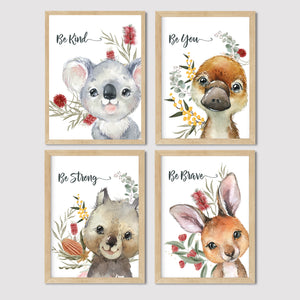 Nursery Print. (Australian Animals and Native Floral) Koala, Kangaroo, Wombat and Platypus  (Set of 4)